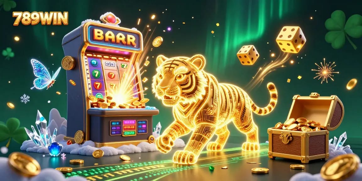 Experience the thrilling world of 789WIN with a dazzling digital casino landscape featuring a neon tiger and jackpot slots.