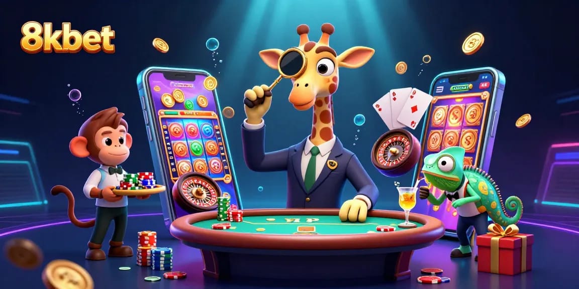 Experience exciting gaming action with 8kbet as a giraffe high-roller and lively casino staff in a vibrant scene.
