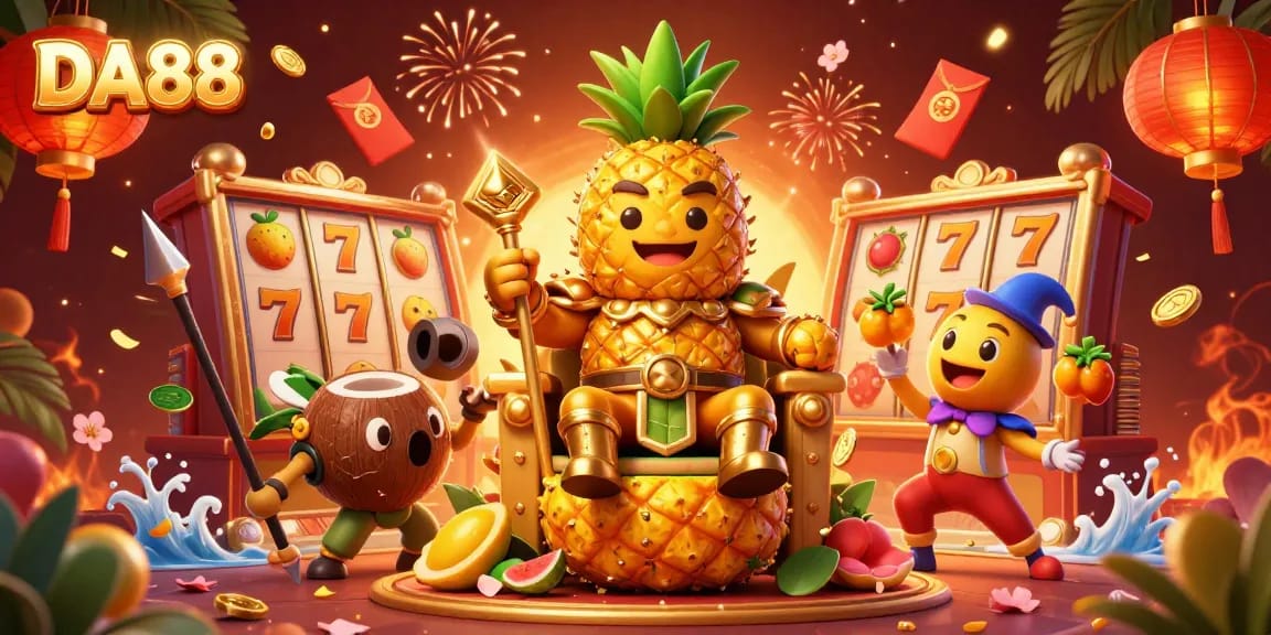 Engage with DA88 at a lively casino, where a golden pineapple king presides over a festive scene with slot reels and colorful decorations.