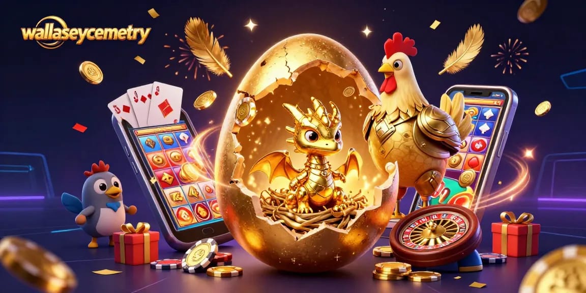Engage with the wallaseycemetery dragon emerging from a cracking golden egg, surrounded by vibrant gambling elements.