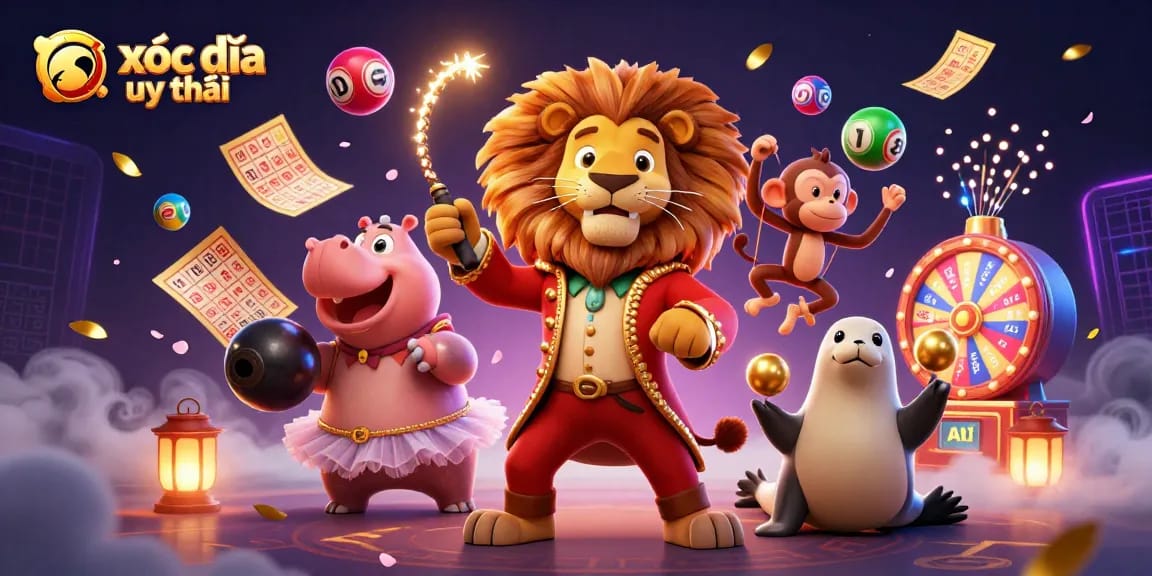 Xóc đĩa uy tín: Enjoy vibrant digital gambling illustration with circus characters and lottery elements.