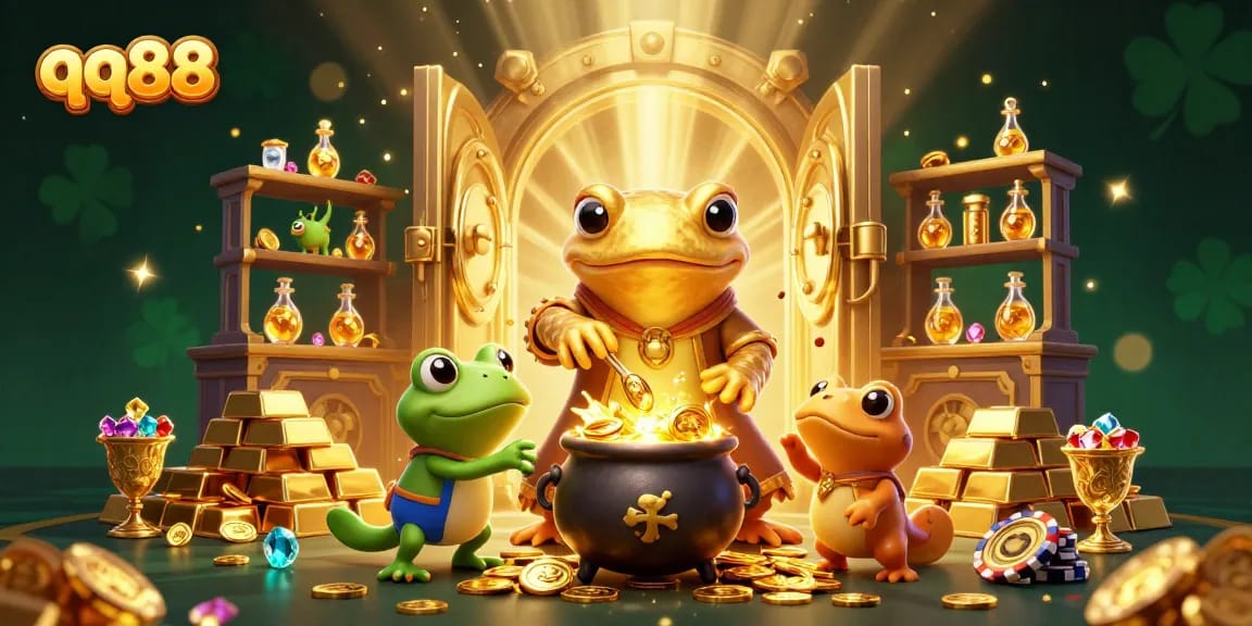Engage with exciting gaming experiences at qq88 using golden treasures in a vibrant casino scene.