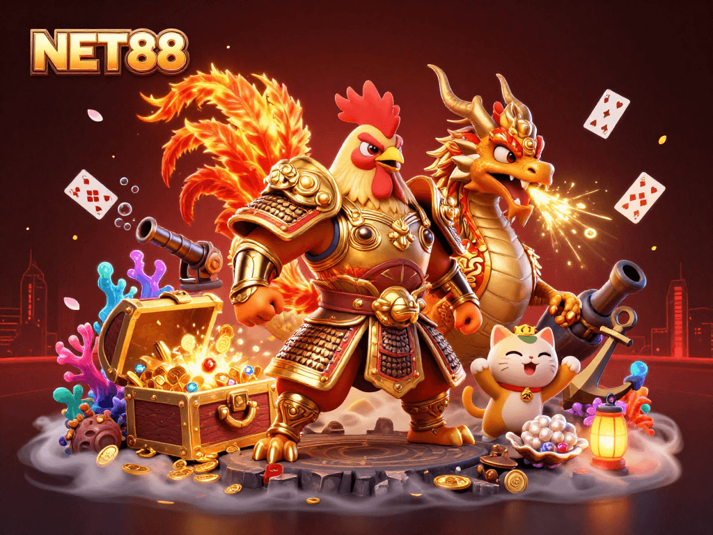 Spin the reels with NET88: A vibrant illustration featuring a fighting rooster and dragon in an energetic casino scene.