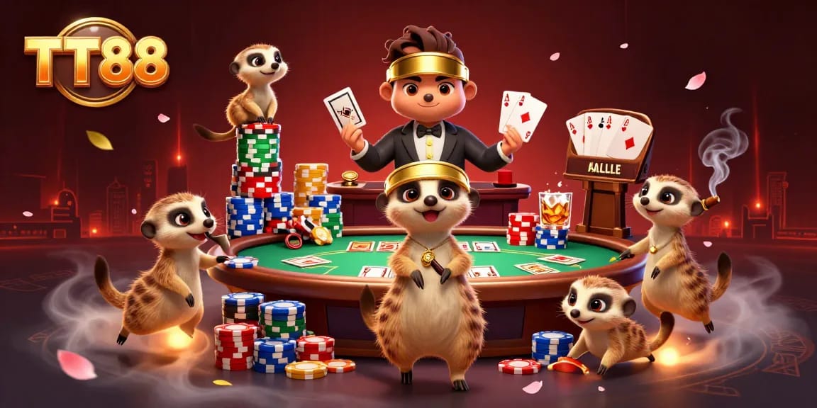 Engaging meerkats managing a lively TT88 casino scene with vibrant poker elements.