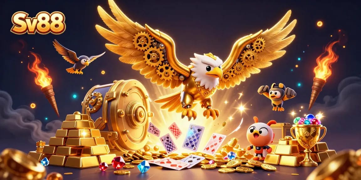 Experience thrilling gaming with Sv88 amidst gold treasures and holographic cards.