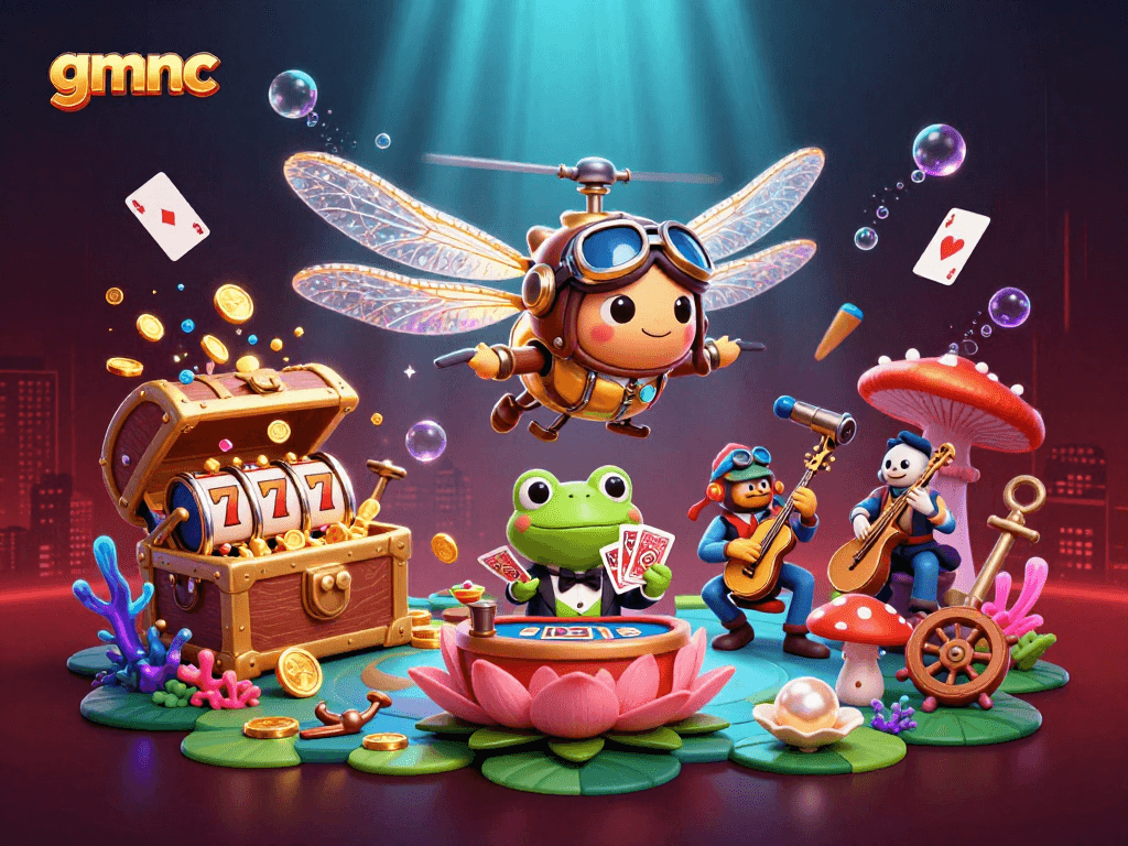 Experience the thrills at gmnc with this vibrant scene showcasing a dragonfly pilot and frog croupier.