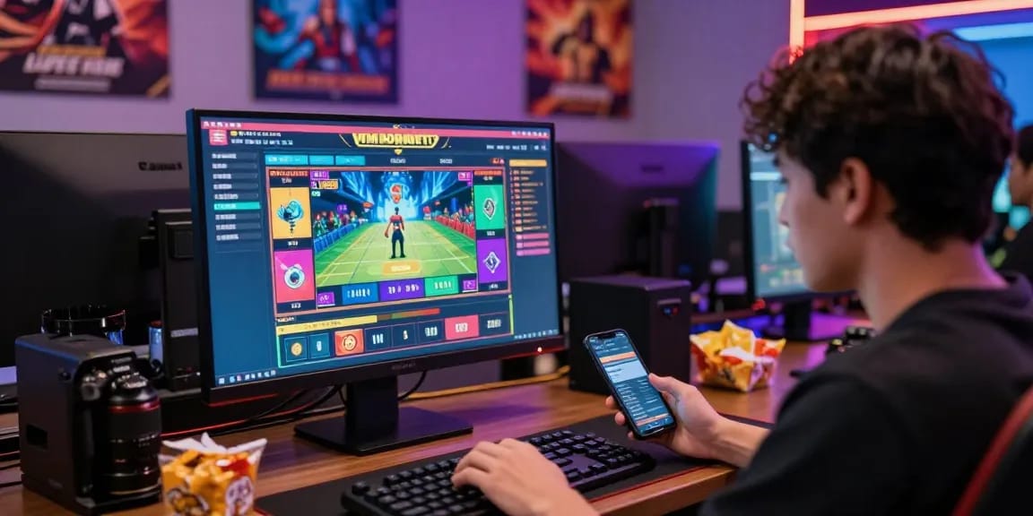 Online gambling experience at KK55 with vibrant game interface, engaging user enjoying betting options, highlighted by dynamic visuals and snacks.