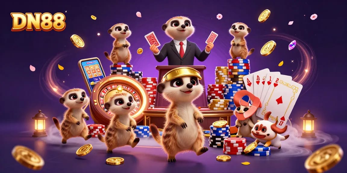 Experience the thrill of gaming at DN88 with a lively meerkat casino scene showcasing excitement and vibrant action.