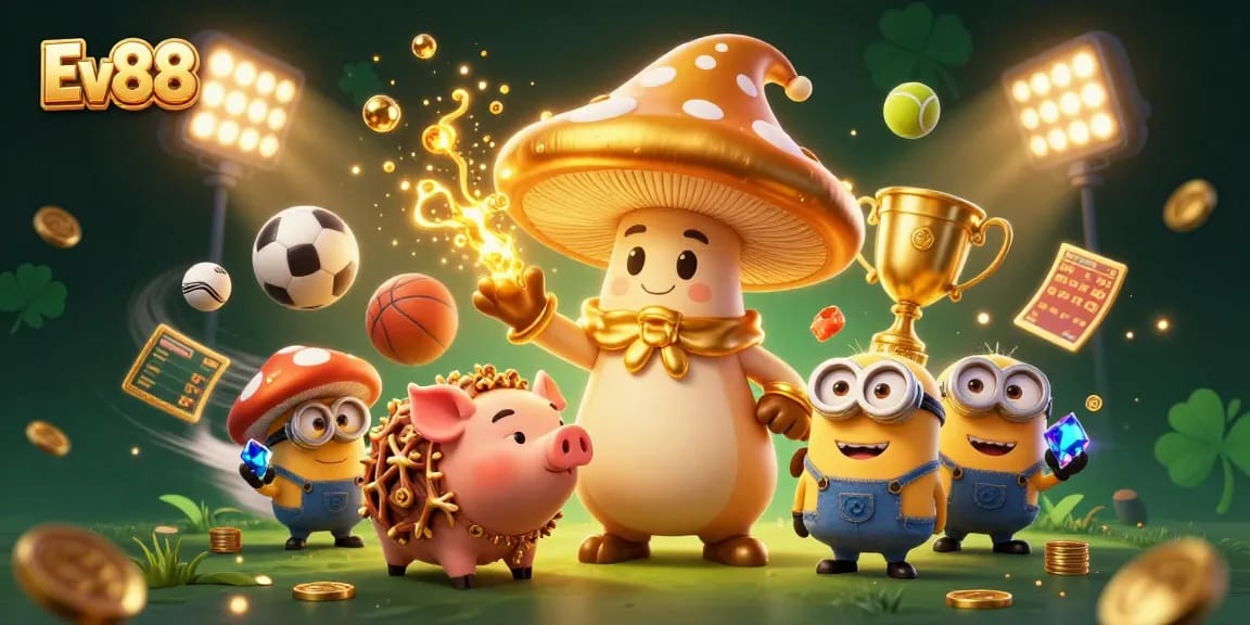 Experience the thrill of Ev88 with a magical illustration of a golden wizard transforming a treasure-filled casino landscape.