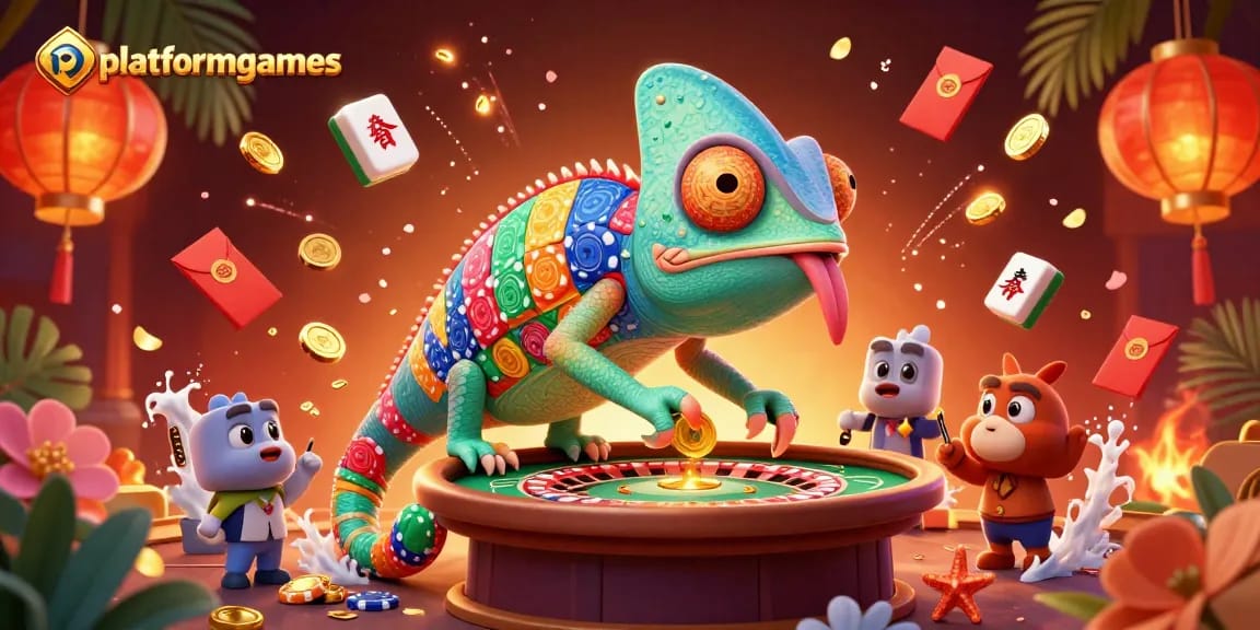 Engage with platformgames' energetic casino scene featuring a vibrant chameleon delivering golden coins.