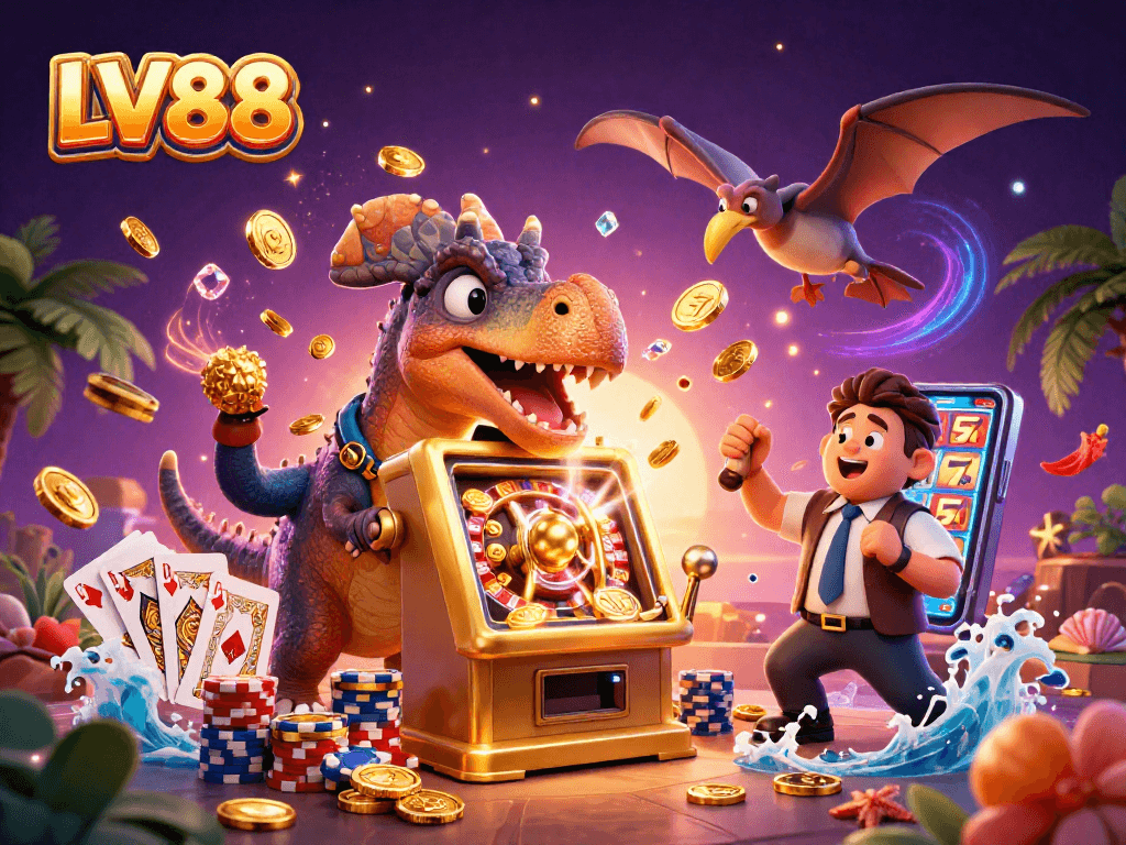 LV88 celebrates a jackpot with cartoon dinosaurs and casino elements in a vibrant scene.
