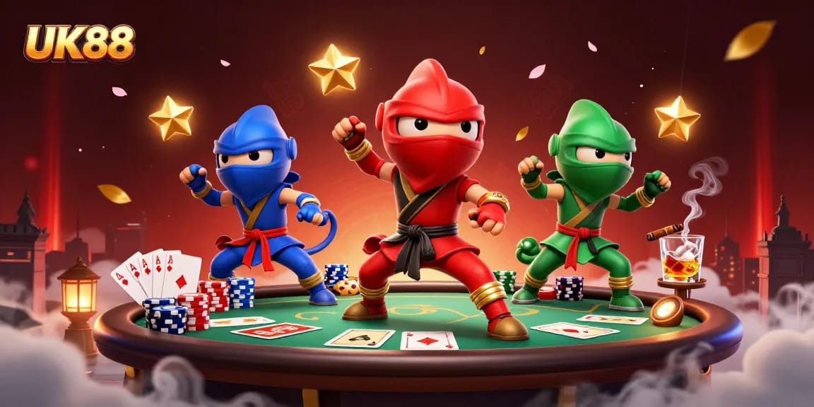 UK88 showcases colorful ninja chameleons amid thrilling poker action, enhancing the casino atmosphere.