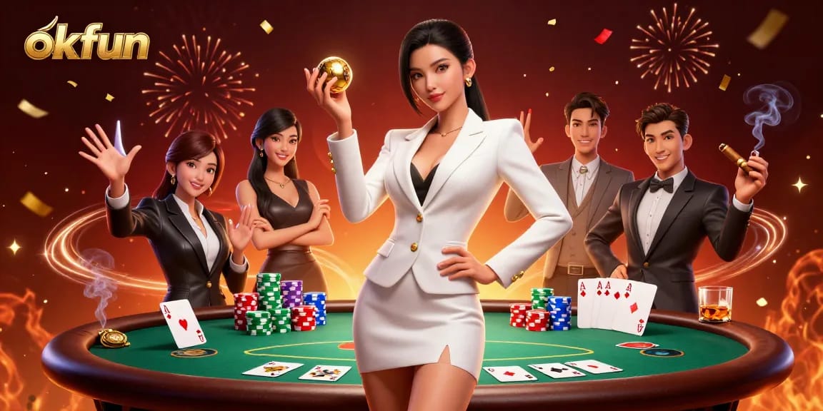 Engage in thrilling gameplay with okfun’s vibrant casino scene featuring a confident Asian woman and poker elements.