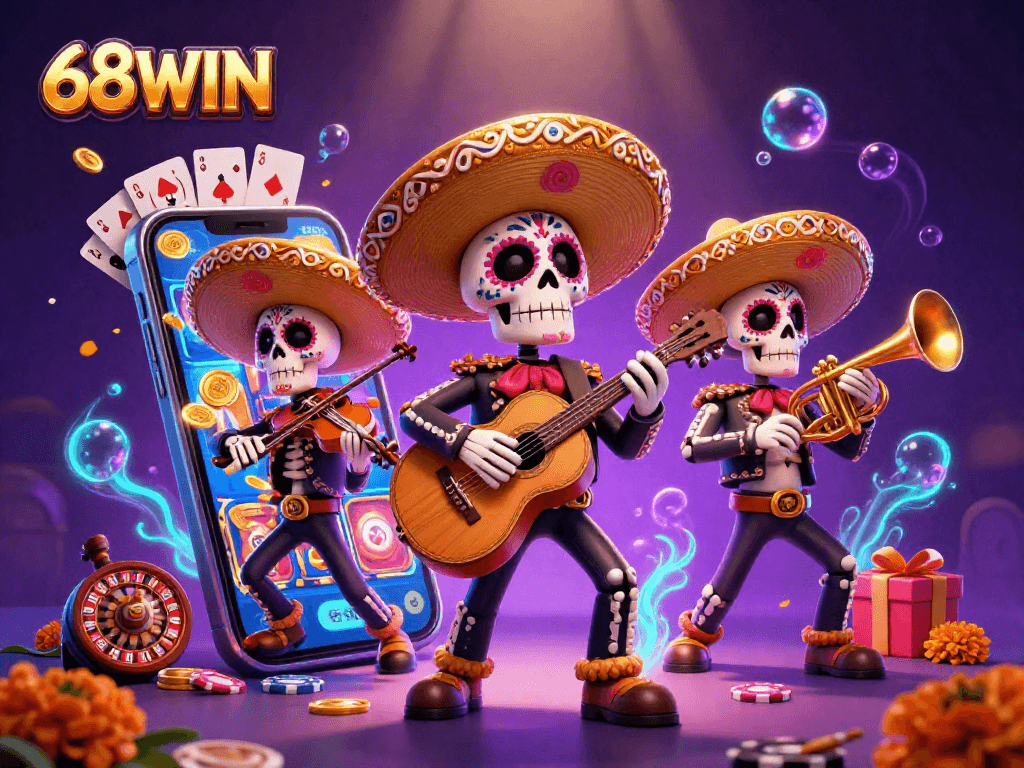 Experience the vibrant energy of 68WIN with a lively mariachi band and exciting casino elements.