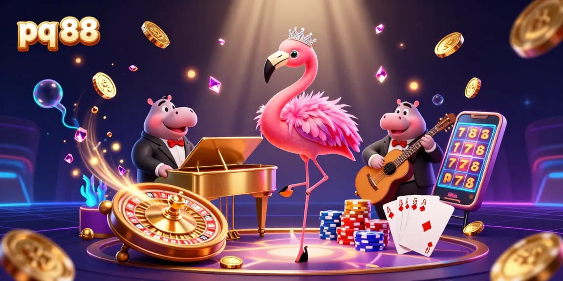 Spin and win at pq 88 with a vibrant casino scene featuring singing flamingo and hippo bassist.