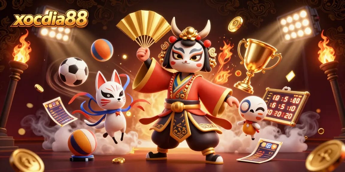 Xocdia88 engages gamblers with vibrant 3D illustration of a kabuki warrior alongside flying sports elements.