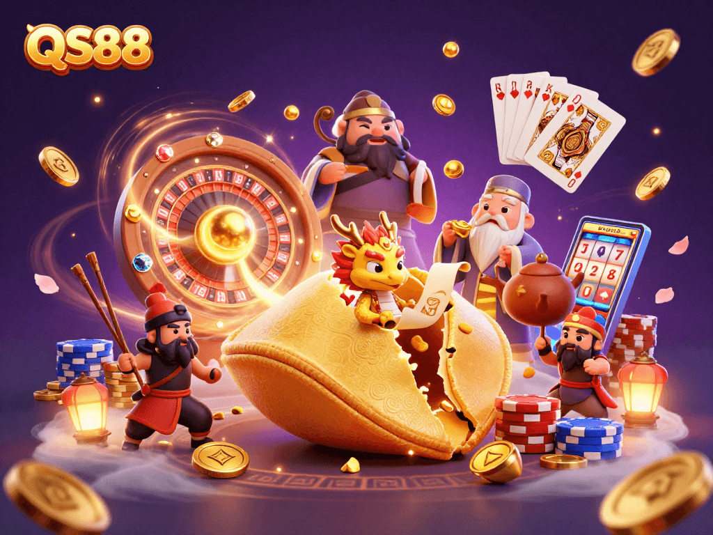 Engage with QS88 in this vibrant 3D illustration showcasing a golden fortune cookie revealing lucky fortunes amid shimmering casino elements.