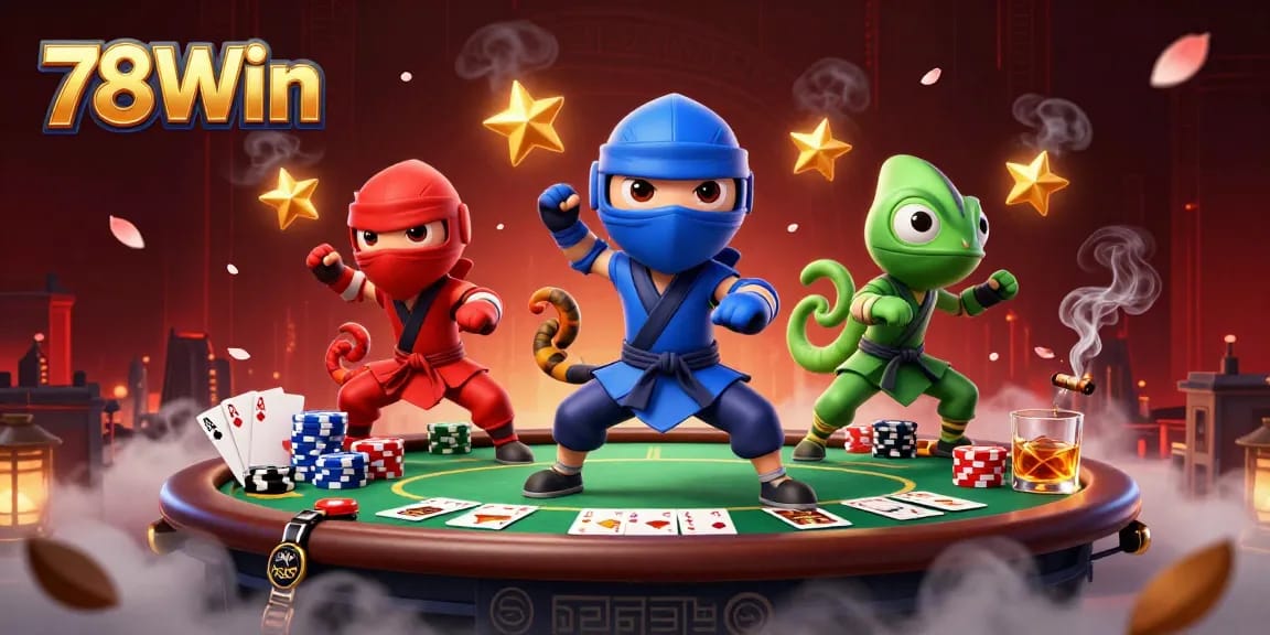 Experience thrilling poker action with 78Win's dynamic chameleon ninjas and vibrant casino elements.