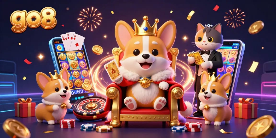 Go8 engages players with a 3D royal corgi on a poker chip throne, showcasing vibrant slot game features and festive elements.