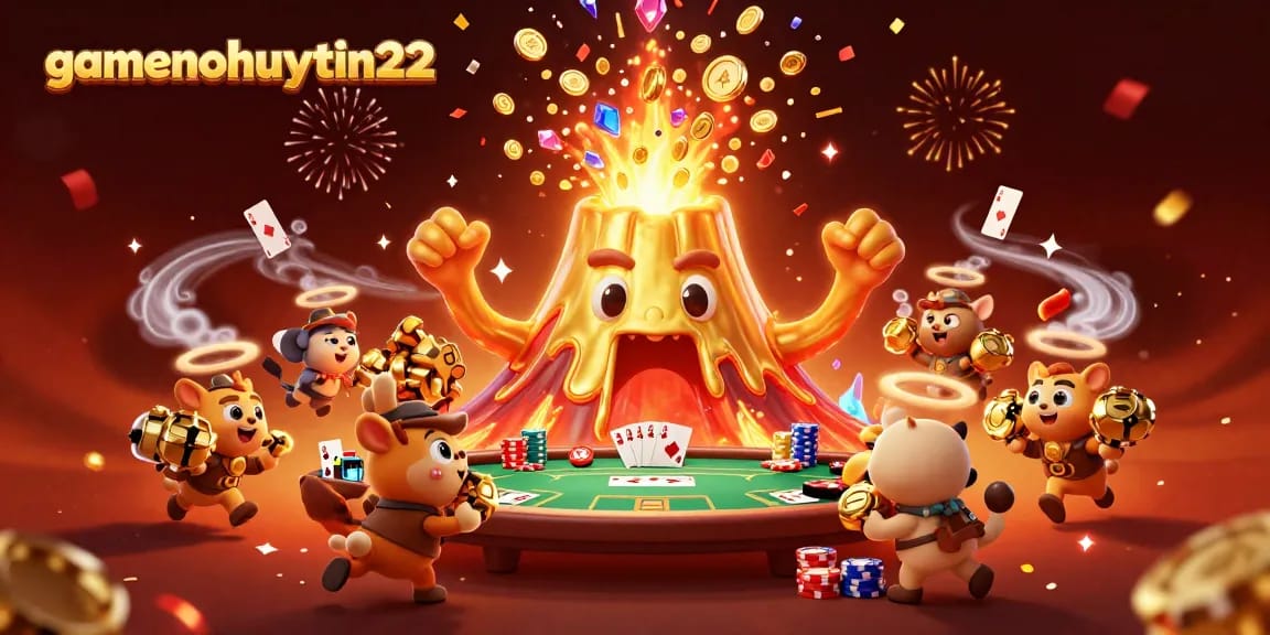 Pai Gow action at gamenohuuytin22, showcasing a vibrant volcano erupting treasures amidst poker gameplay.