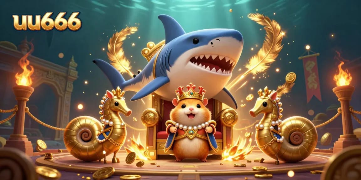 Win big with uu666: A dynamic 3D casino scene featuring a golden hamster king and royal seahorse guards.