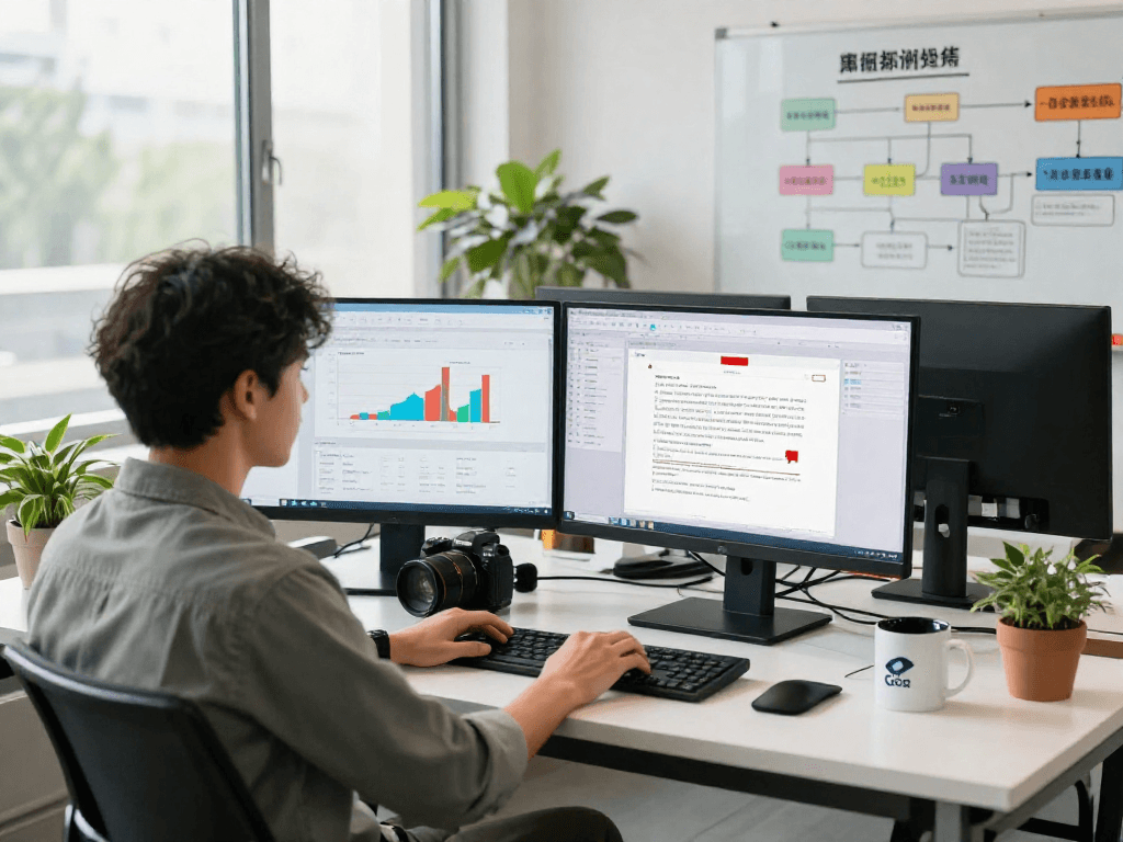 Document fraud detection workspace with a professional analyzing documents and fraud metrics on multiple screens.