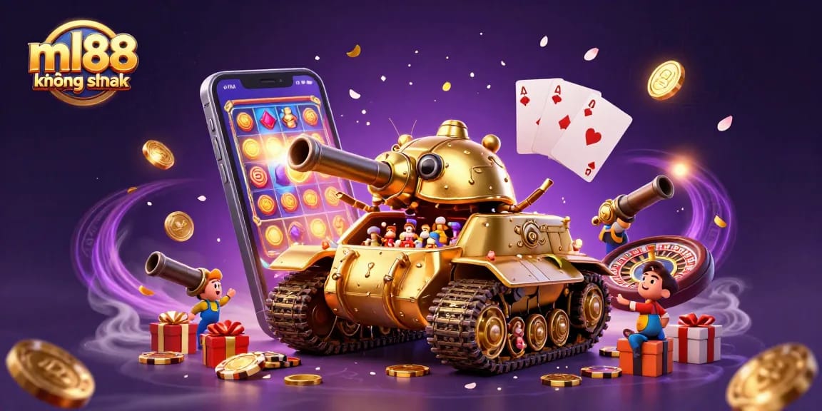 Experience the excitement of ml88 không chặn with casino-themed elements including a golden beetle tank and slot games.