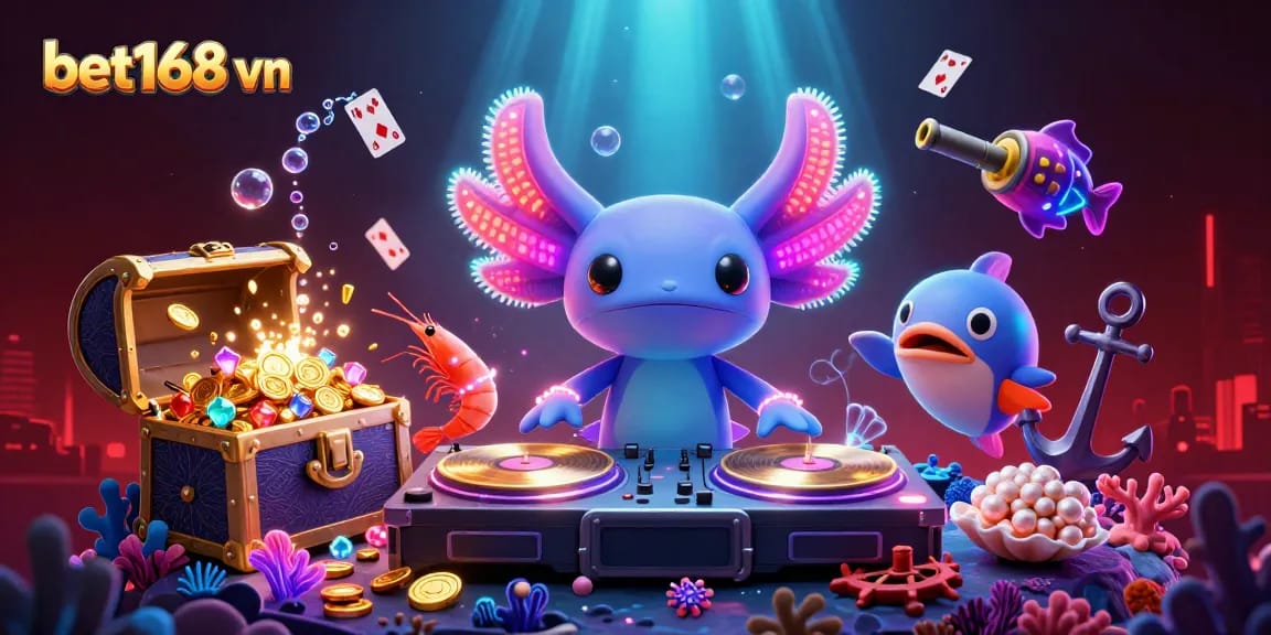 Join the excitement at bet168 vn with vibrant underwater casino-themed illustration featuring lively characters and dynamic gaming elements.