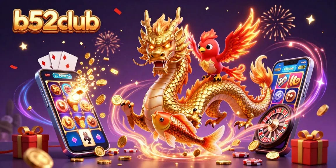 Bettors celebrate wins at b52club with a golden dragon and phoenix amidst casino games.