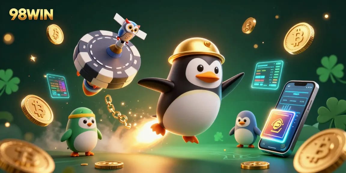Experience thrilling gameplay at 98WIN with the golden penguin powered rocket in a vibrant 3D casino scene.