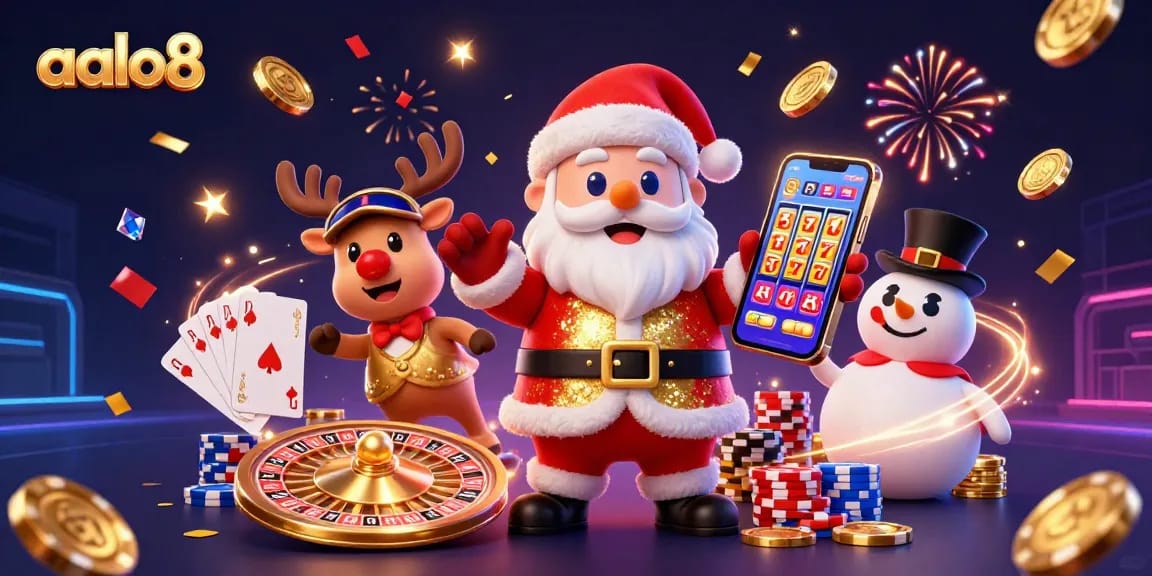 Win big on aalo8 with Santa and friends celebrating in a vibrant casino.