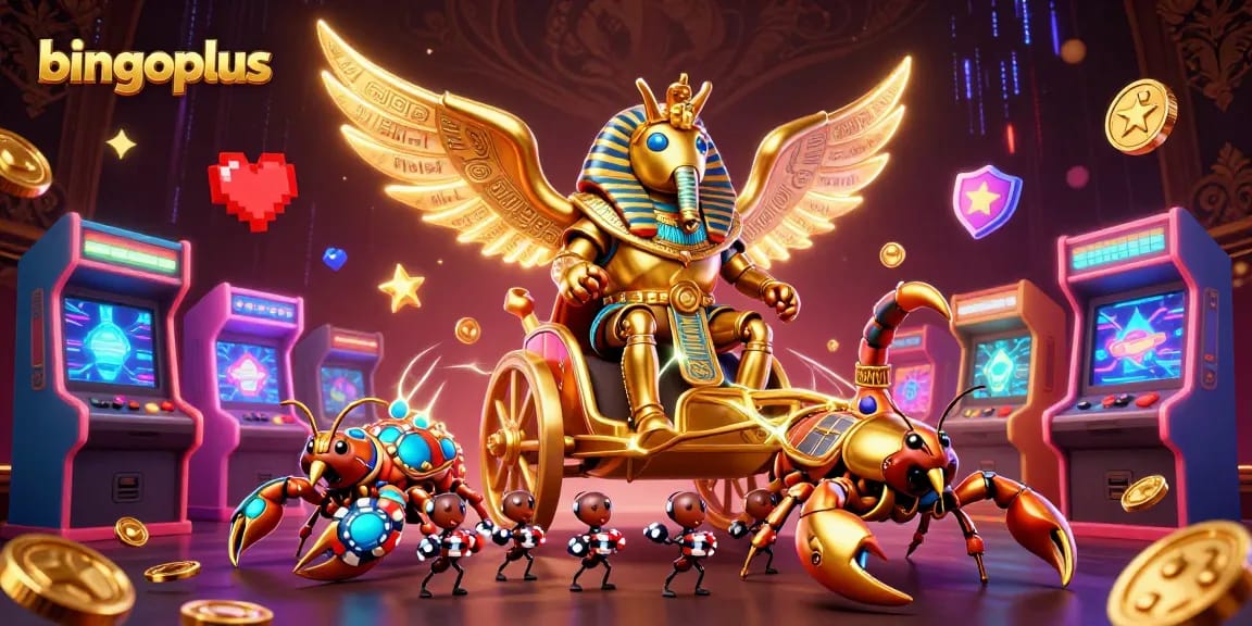 Experience the excitement of bingoplus with this vibrant casino-themed, dynamic 3D illustration featuring a colossal scarab beetle.