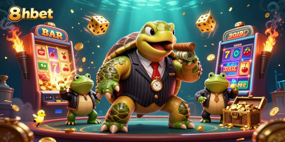Experience thrilling gameplay with 8xbet's dynamic casino scene featuring a massive turtle and exciting jackpots.