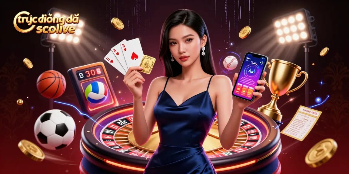 Experience trực tiếp bóng đá socolive with a photorealistic Asian woman showcasing casino app features and gaming elements.