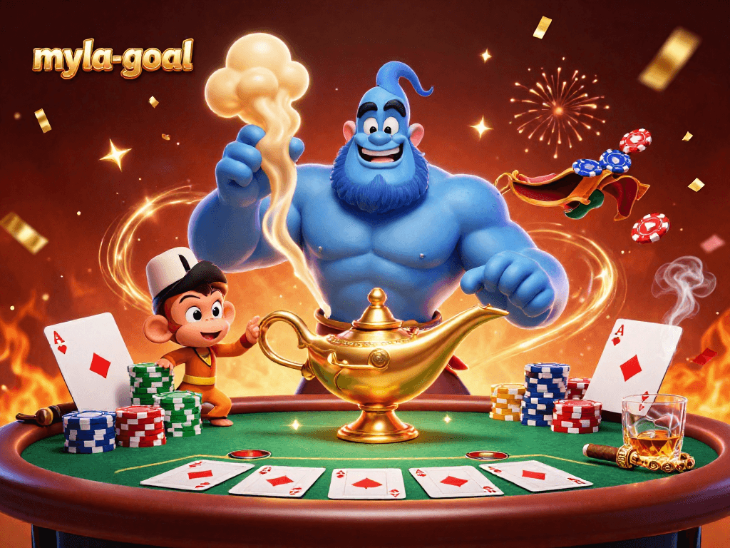 Engage in thrilling gameplay at myla-goal, featuring a colorful 3D casino scene with poker elements.