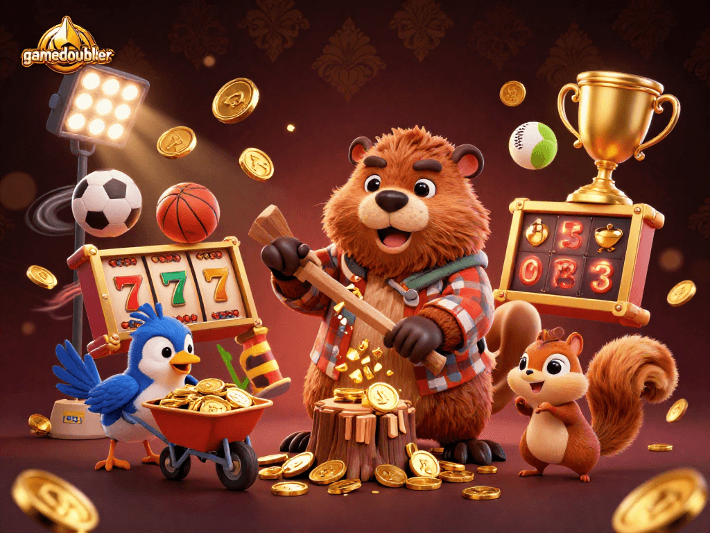 Experience gamedoubler with a lively, dynamic casino illustration featuring a beaver and bird collecting golden coins.