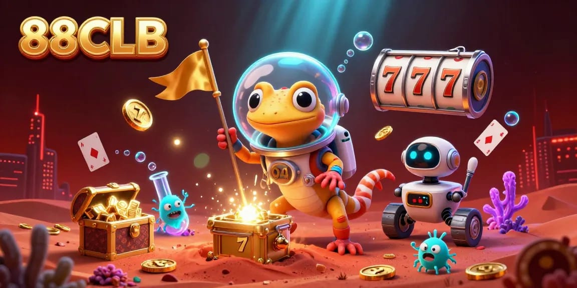 Engage in thrilling 88CLB adventures with a gecko discovering a golden casino in a Martian landscape.