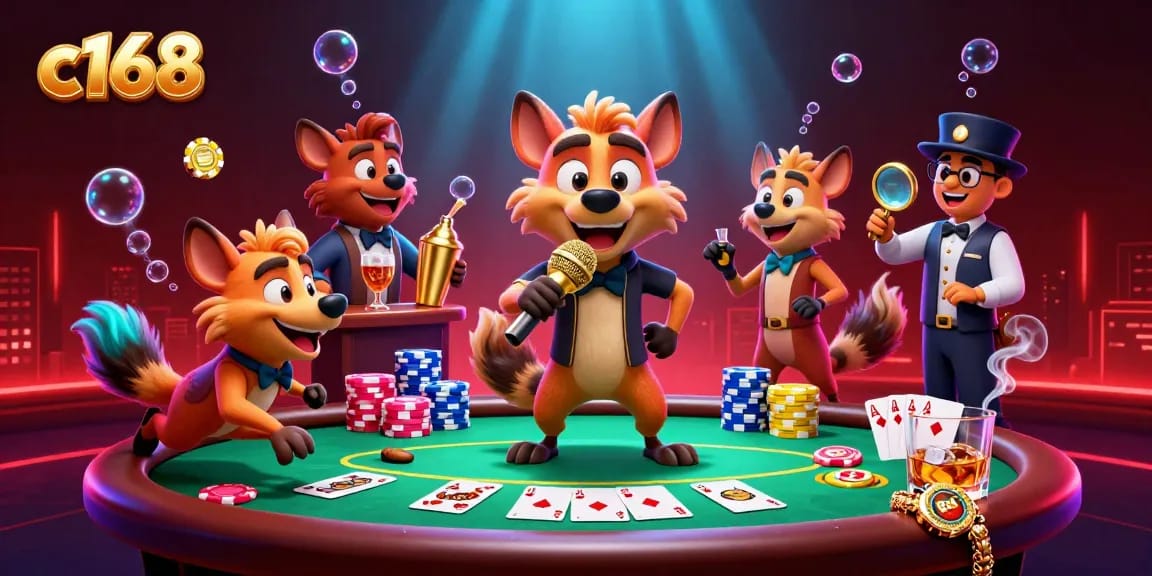 Experience excitement at c168's comedy casino with hyenas, poker chips, and vivid casino elements.