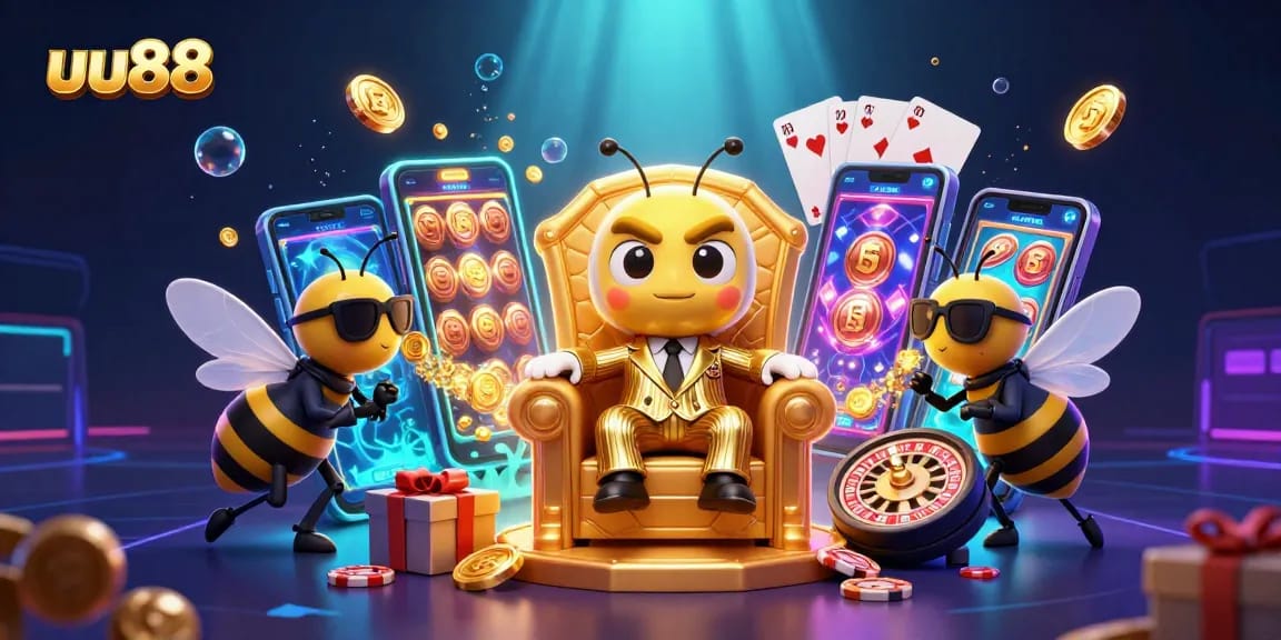 Spin the reels with uu88 in a vibrant casino scene filled with gold coins, cards, and excitement.