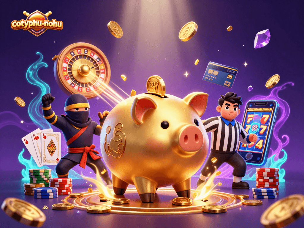 Crown the champion in cotyphu-nohu as the golden piggy bank battles with coins and cards in an exciting casino scene.