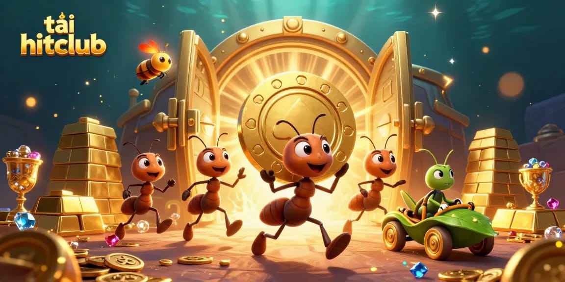 Experience the excitement of tải hitclub and its vibrant gameplay through a dynamic heist scene featuring cartoon ants and treasures.