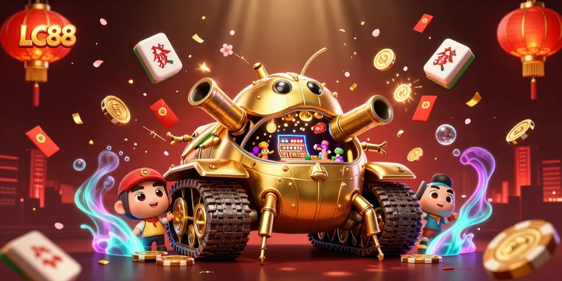 Experience thrilling gaming at LC88's mini casino inside a golden beetle tank.