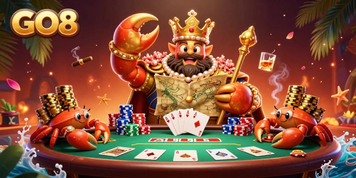 Join the GO8 casino experience with a rich illustration of a golden crab emperor and vibrant poker elements.