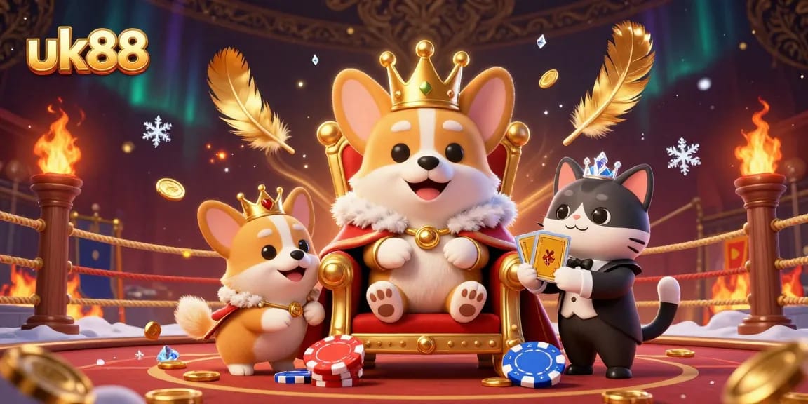 Bet on exciting games at uk88 while enjoying a royal gaming experience with a corgi and interactive elements.
