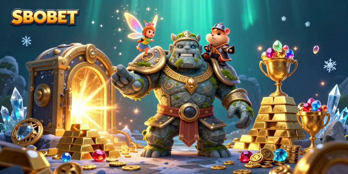 SBOBET players winning magic with a brave hamster knight riding a golem guardian in a treasure-filled casino.