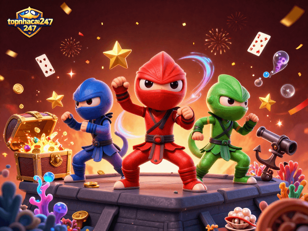 topnhacai247 showcases colorful chameleons amidst casino game elements and treasures, blending fun and excitement.