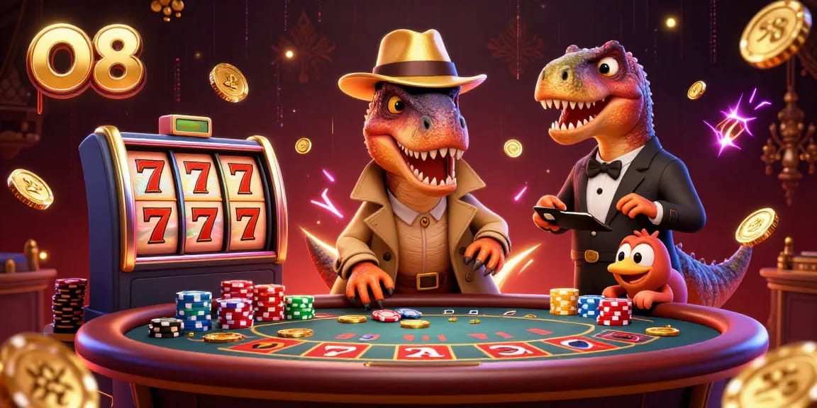 O8 velociraptor card counter at blackjack table, showcasing a dynamic casino scene.
