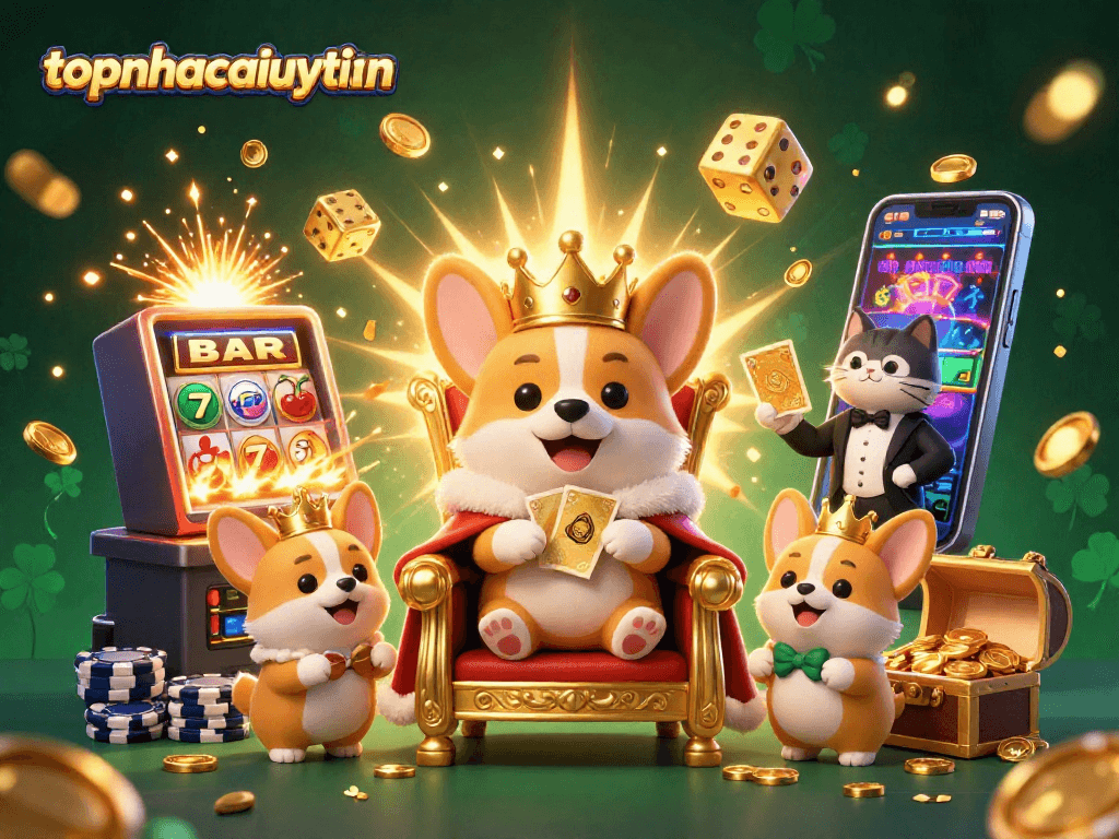 topnhacaiuytinn showcases an exciting royal corgi in a casino setting with dazzling elements.
