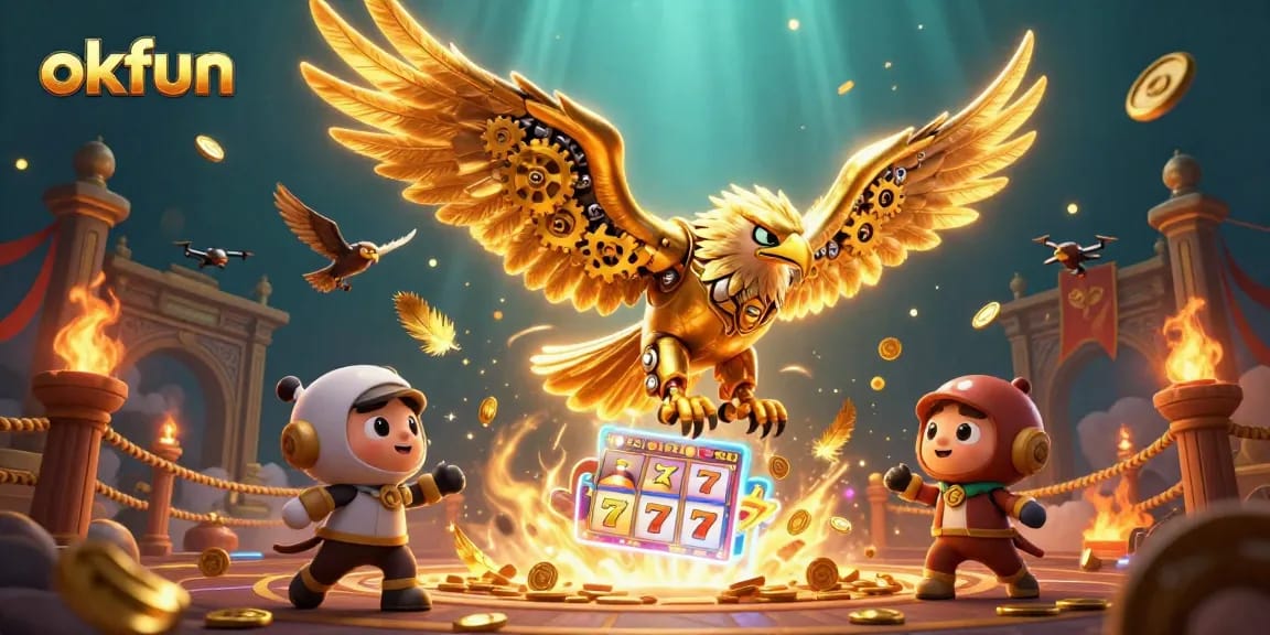 Engage in thrilling betting experiences with okfun, featuring neon-lit slot reels and prize-winning gold coins.