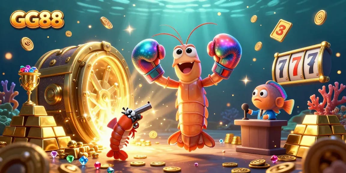 Experience GG88's vibrant casino atmosphere with animated underwater characters amidst dazzling jewels and jackpots.